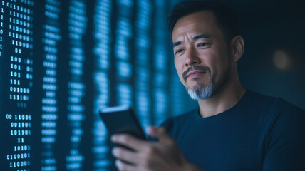 Focused Man Reviewing Data: A contemplative middle-aged man with a goatee intently studies his smartphone, illuminated by the soft blue glow of a server rack in the background.