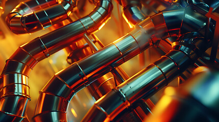 Bright Copper Pipes with Abstract Reflections and Glow
