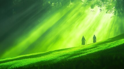 Serene morning walk in green forest with sunlight streaming through trees