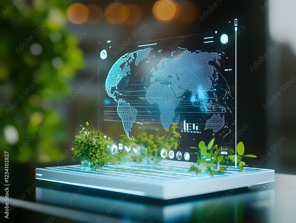 Poster a futuristic digital display showcasing a global map with holographic elements, surrounded by vibran