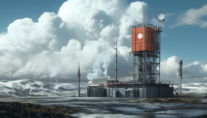 Obraz premium A futuristic facility standing tall amidst dramatic clouds and serene landscapes. The structure showcases modern engineering, radiating innovation and environmental coexistence.