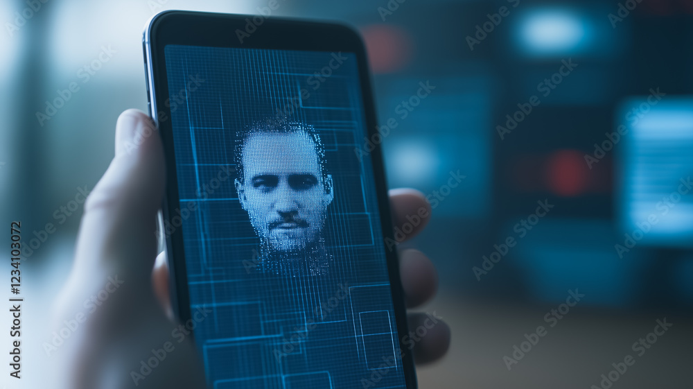 Aufkleber face recognition on smartphone: a hand holds a smartphone displaying a facial recognition scan on th