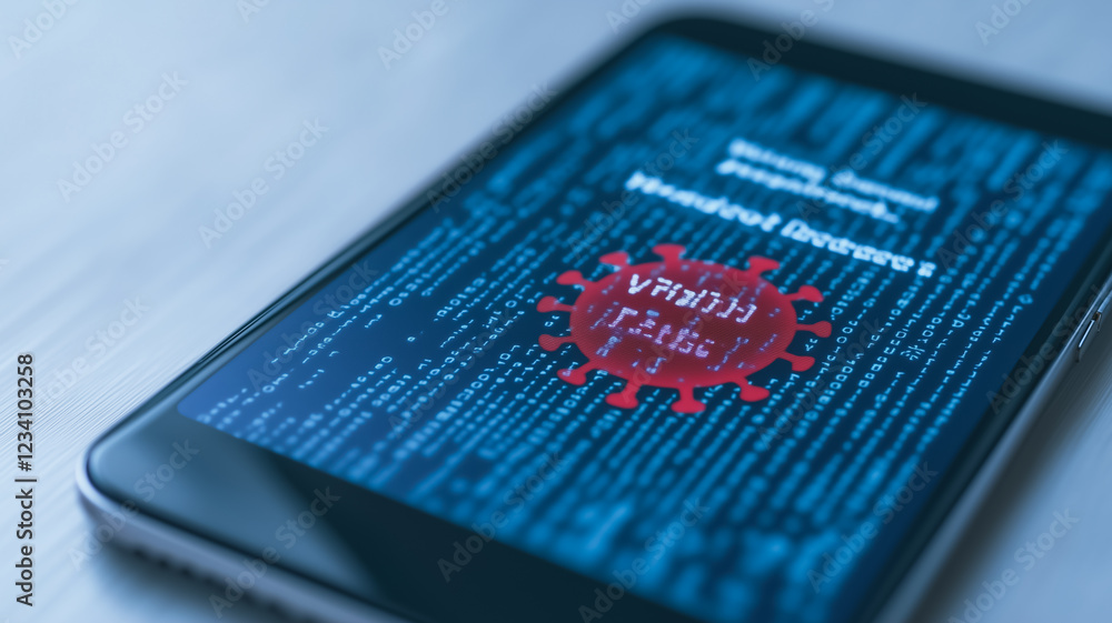 Poster cyber virus threat: a chilling close-up of a tablet screen displaying a sinister red virus icon supe