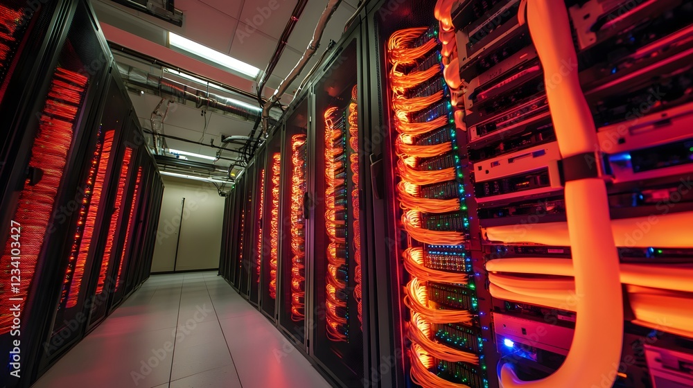 Poster a modern data center showcasing rows of server racks with vibrant red lights, representing advanced 
