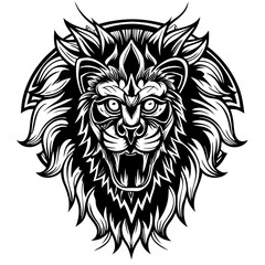 Intricate Tribal Lion Head with Bold Lines and Fierce Expression