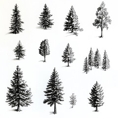 Fototapeta premium Hand-Drawn Tree Collection: A set of 12 beautifully hand-drawn tree illustrations, showcasing various types and sizes. Perfect for nature-themed designs, landscapes, and illustrations. 