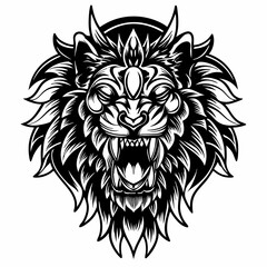 Intricate Tribal Lion Head with Bold Lines and Fierce Expression