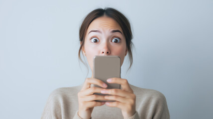 Fototapeta premium Astonishment on Screen: A young woman's eyes widen in shock and surprise as she stares at her smartphone, her expression capturing a moment of unexpected news or a stunning revelation.