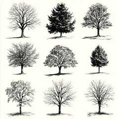 Obraz premium Tree Silhouettes: A collection of nine stylized tree silhouettes, each with unique shape and branch structure, rendered in elegant black ink on a clean background. Perfect for design elements.