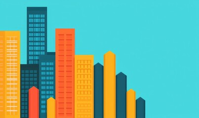 Fototapeta premium A vibrant city skyline illustration featuring colorful skyscrapers against a bright blue background.