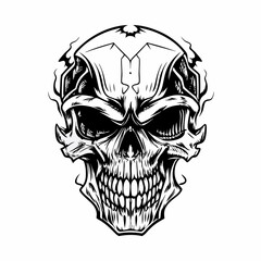 Intricate Tribal Skull with Hands Gripping the Head and Bold Line Art