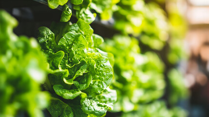farm with vibrant green leafy vegetables growing in vertical racks under artificial lighting 