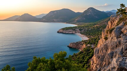 Fototapeta premium A panoramic view of the Peloponnese coast during the late afternoon, with soft hues of the setting sun representing Feierabend, isolated on a white background