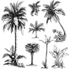 Obraz premium Tropical Palm Collection: Hand-drawn illustrations of various palm trees and tropical plants, showcasing diverse styles and sizes in a detailed ink sketch style.