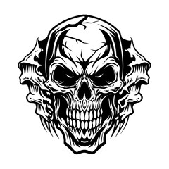 Intricate Tribal Skull with Hands Gripping the Head and Bold Line Art