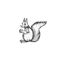 Squirrel holding acorn, wearing scarf, doodle cartoon, hand-drawn sketch