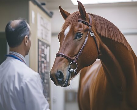 A veterinarian examines a brown horse in a clinical setting, showcasing the bond between humans and animals