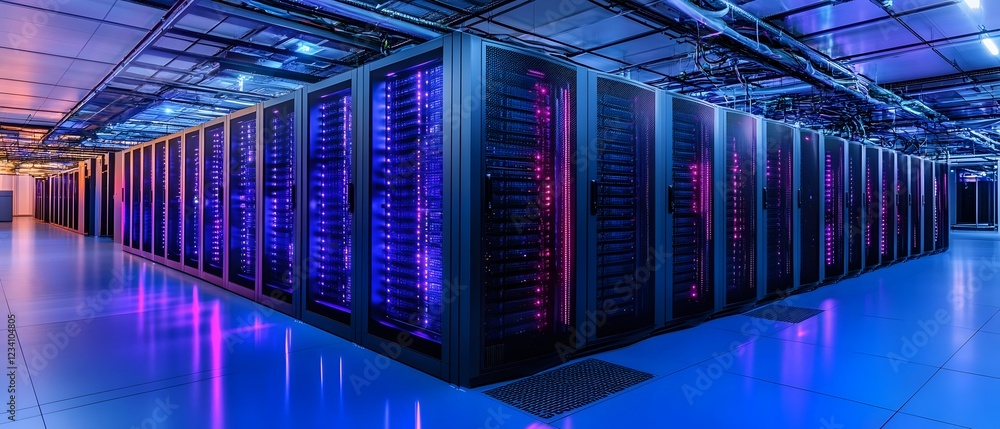 Poster a vibrant data center showcasing rows of servers with colorful lighting, symbolizing modern technolo