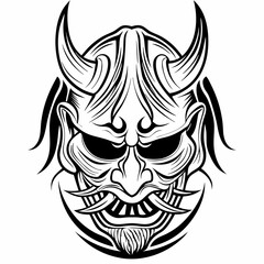 Tribal Demon Mask with Horns and Fierce Expression in Bold Line Art