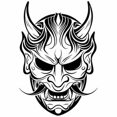 Tribal Demon Mask with Horns and Fierce Expression in Bold Line Art