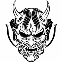 Tribal Demon Mask with Horns and Fierce Expression in Bold Line Art