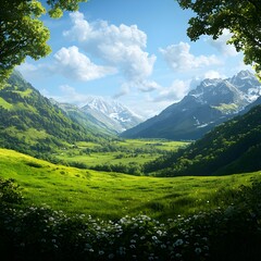 Obraz premium Bright Sunny Day Green Valley Mountain Landscape