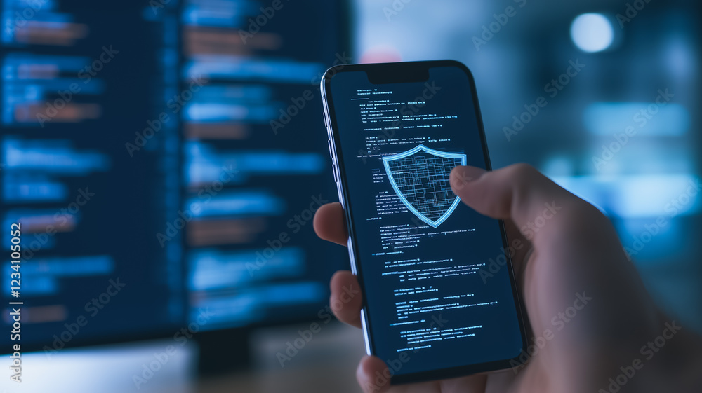 Poster cyber security shield: a hand interacts with a smartphone displaying a digital shield, symbolizing p