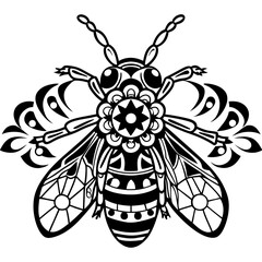 Tribal Bee Design with Intricate Patterns and Decorative Floral Elements