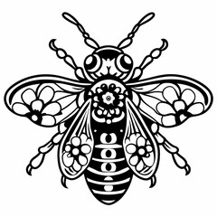 Tribal Bee Design with Intricate Patterns and Decorative Floral Elements
