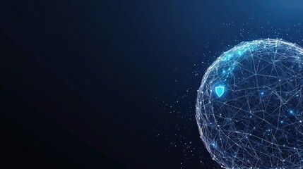 globe Cybersecurity and Protection Globe with shield icon and network connections, blue and white colors, dark background, represents global cybersecurity