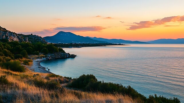 A serene view of the Peloponnese region in Greece, captured at sunset, symbolizing a peaceful Feierabend moment, isolated on a white background