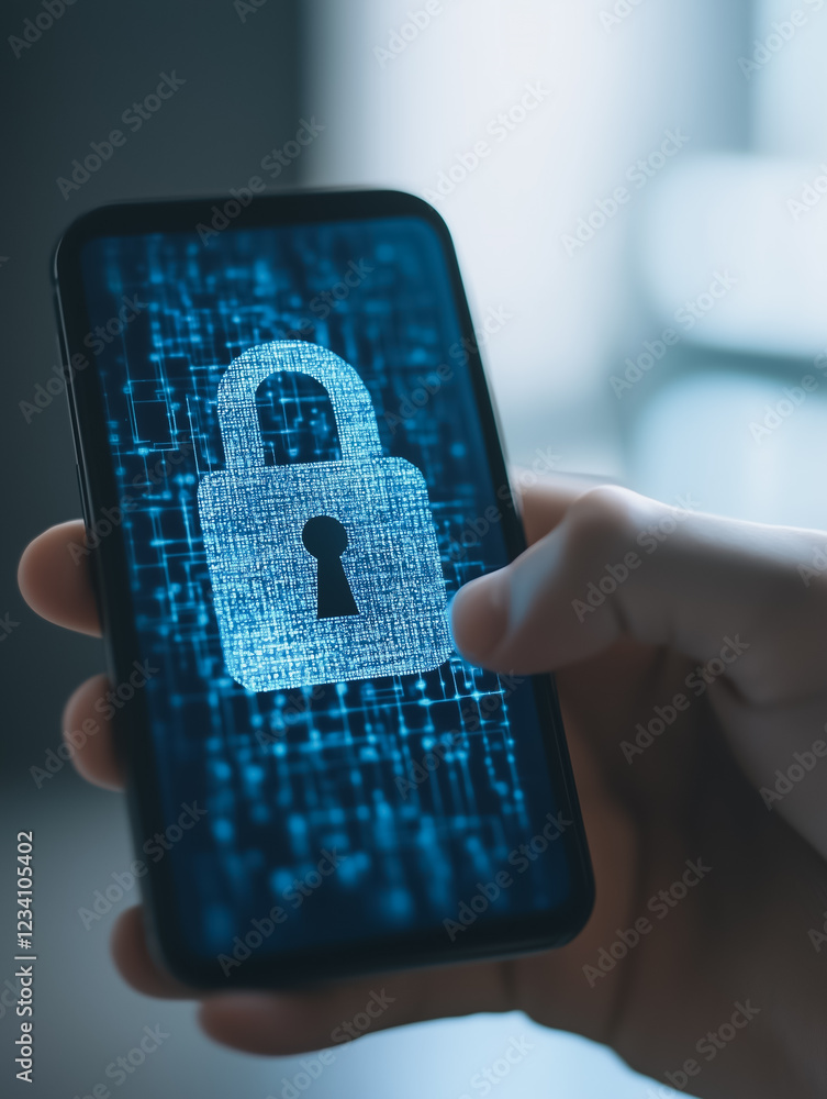 Poster cybersecurity on mobile: a hand interacts with a smartphone displaying a digital padlock on a screen