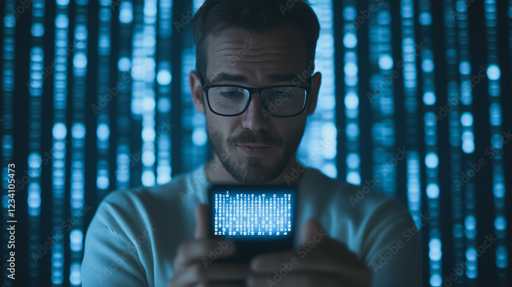 Poster the code breaker: a pensive programmer, bathed in the ethereal glow of blue code, examines data on h