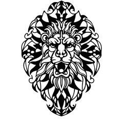 Tribal Lion Head with Intricate Line Art and Flowing Mane Design
