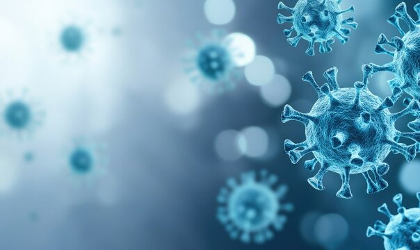 Microscopic view of virus particles in blue light, representing the study of infectious diseases and their impact on health.