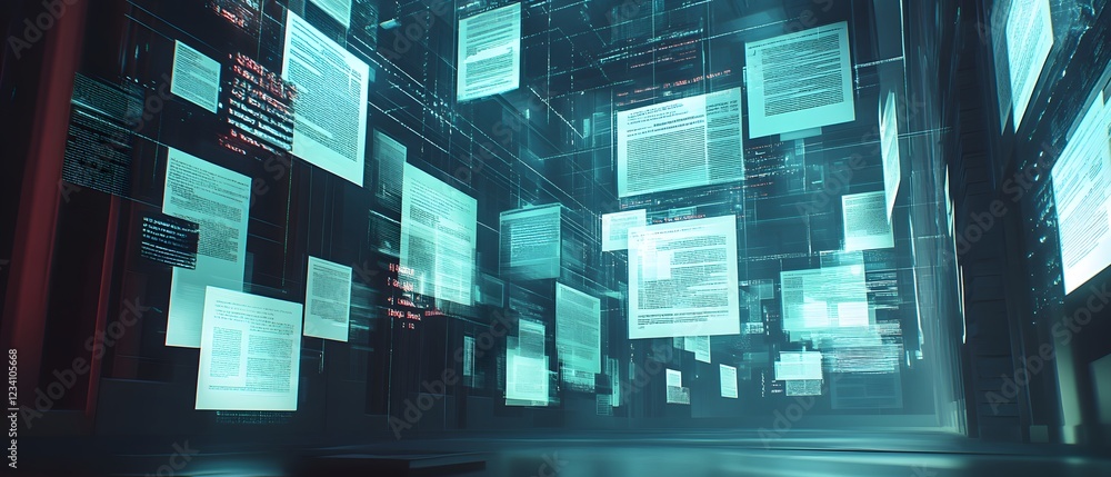 Poster futuristic digital environment showcasing floating screens and data projections, representing advanc
