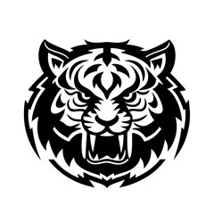 Intricate Tribal Tiger Head Design with Fierce Expression and Bold Lines