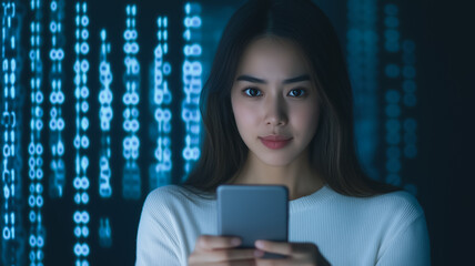 Woman Using Smartphone in Digital World: A young woman with a calm and thoughtful expression holds a smartphone in front of a background of cascading blue digital numbers.