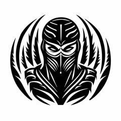 Stylized Ninja Warrior Mask Design with Bold Lines and Dynamic Movement
