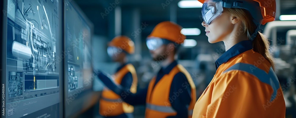 Aufkleber team of engineers in safety gear collaborating on a digital interface in a modern industrial setting