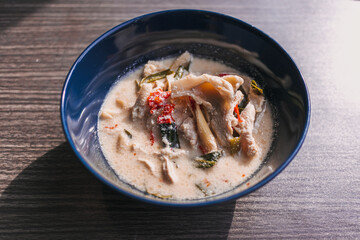 Tom kha kai, Thai coconut soup is a spicy and sour hot soup with coconut milk.