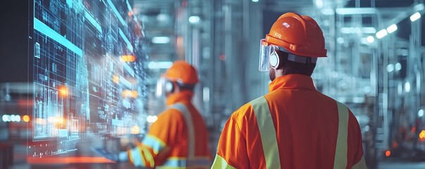 Obraz premium Two workers in safety gear examine digital data on a screen in a modern industrial environment. Emphasis on teamwork, technology, and safety in the workplace.