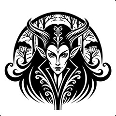 Intricate Tribal Design of Female Face with Forest Elements and Flowing Patterns