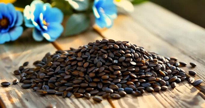 Black cumin seeds arranged artistically on a wooden table with blue and sockets flowers in soft focus nearby, creating a warm,