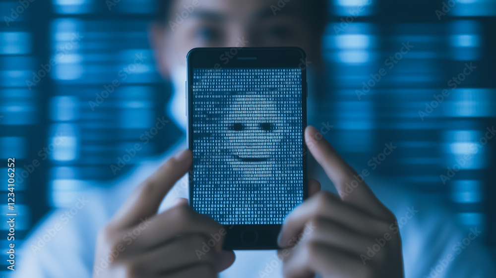 Poster digital deception: a person holds a smartphone displaying a distorted face composed of binary code, 