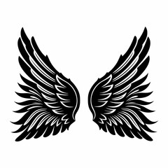 Detailed Line Art of Angel Wings with Intricate Feathers and Symmetrical Design