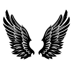 Detailed Line Art of Angel Wings with Intricate Feathers and Symmetrical Design