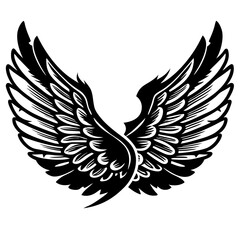 Detailed Line Art of Angel Wings with Intricate Feathers and Symmetrical Design