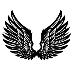 Detailed Line Art of Angel Wings with Intricate Feathers and Symmetrical Design