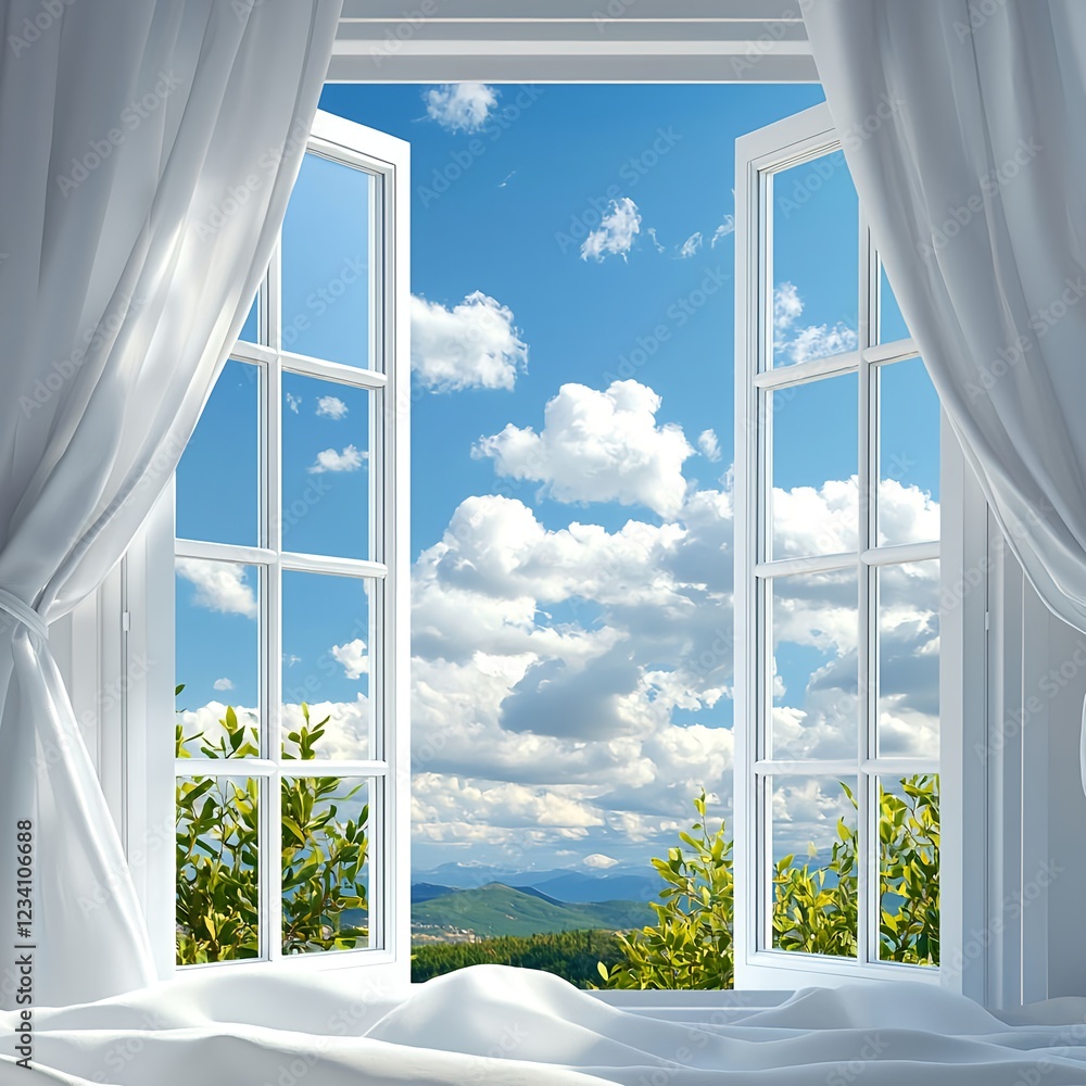 Poster bright sunny day view from open window with white curtains